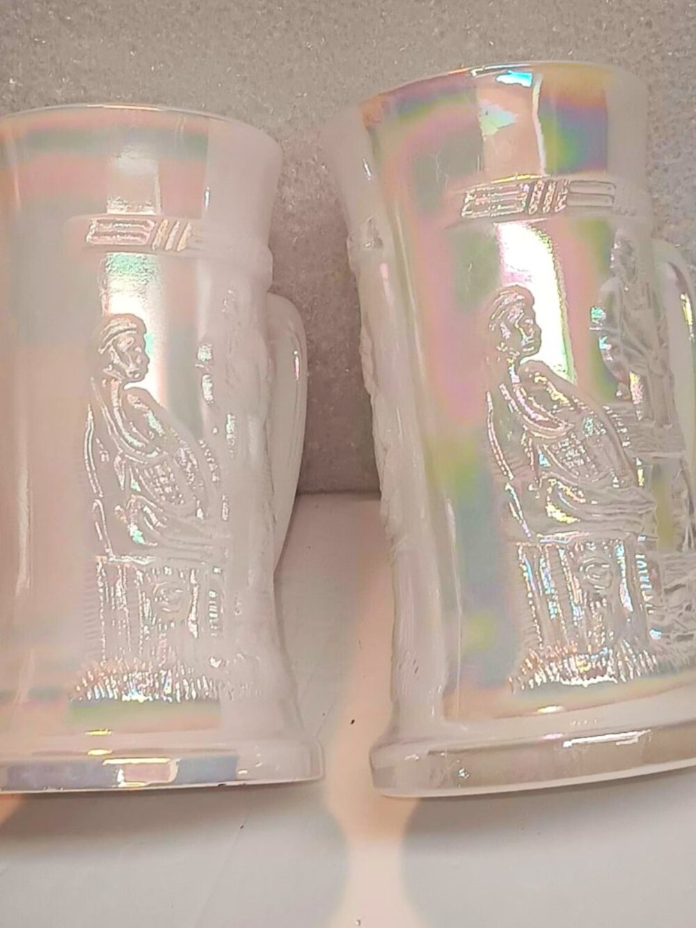 Vintage Aurora Pearl, Federal Glass set of two milk glass steins.